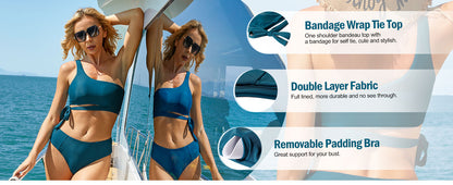 Women One Shoulder High Waisted Bikini Tie High Cut Two Piece Swimsuits