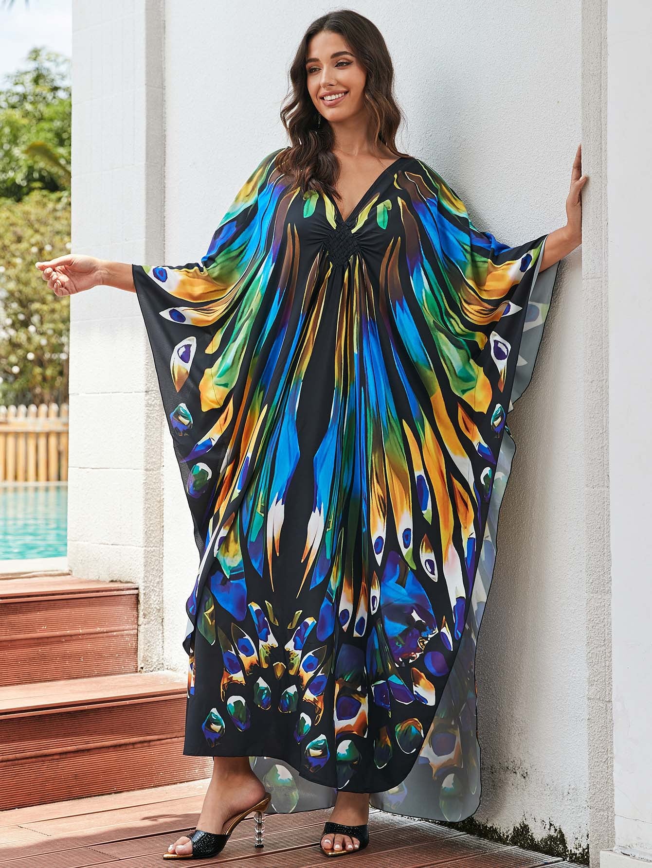 [Plus Size] Butterfly/feather Print Ruched Split Hem Tunic Dress, Valentine's Day Elegant Batwing Sleeve V Neck Long Dress for Summer, Casual Womenswear, Gift, Homecoming Dresses, Women's Clothes for Beach Holiday Vacation, Moo Moo Dresses