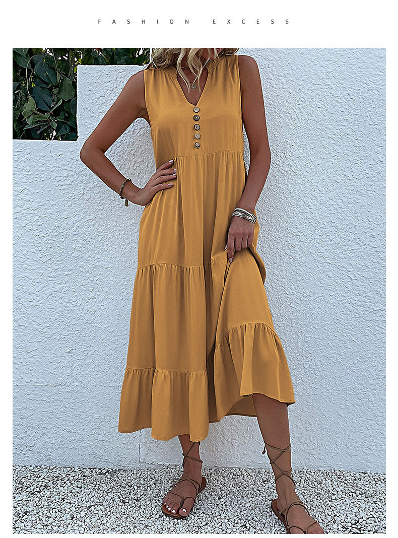 Summer Flowy Maxi Dress with Pockets Sleeveless Loose Casual Sundress V-Neck Tiered Sun Dress for Beach Cruise Vacations