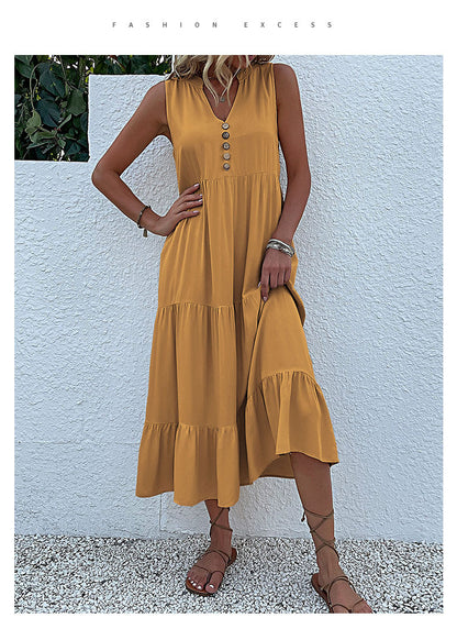Summer Flowy Maxi Dress with Pockets Sleeveless Loose Casual Sundress V-Neck Tiered Sun Dress for Beach Cruise Vacations
