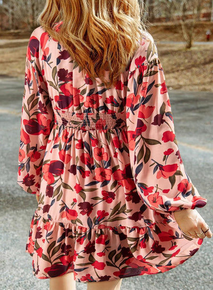 Womens Dresses 2025 Boho Floral V Neck Long Sleeve Smocked Elastic Waist Casual A-Line Swing Mini Dress Sundress