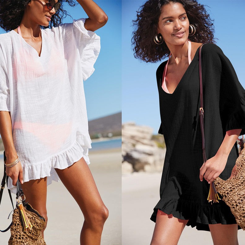 Womens Swimsuit Coverup V Neck Bathing Suit Beach Dress Sexy Ruffle Sleeves Bikini Cover Up Loose Top - Seldom Seen Styles