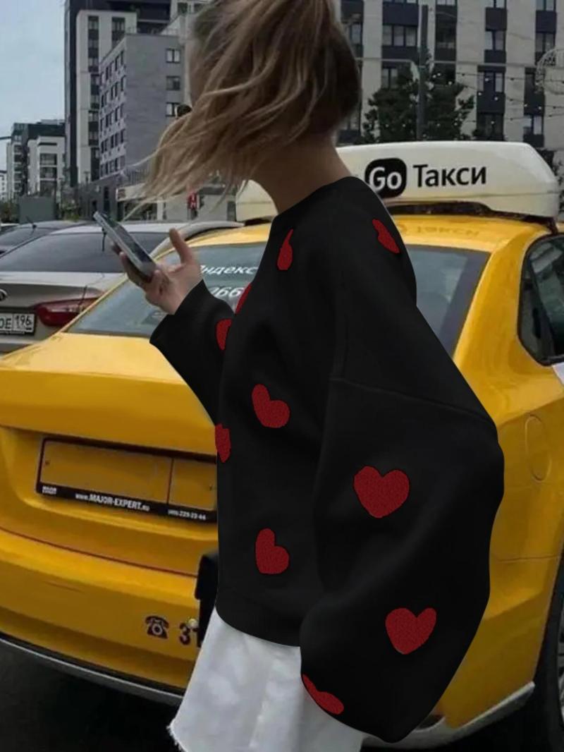 Women's Spring Heart Print Long Sleeve Crewneck Knitting Jumper, Comfort Round Neck Sweater for Daily Streetwear,  Tiktop Shop, Lady's Top for Spring - Seldom Seen Styles