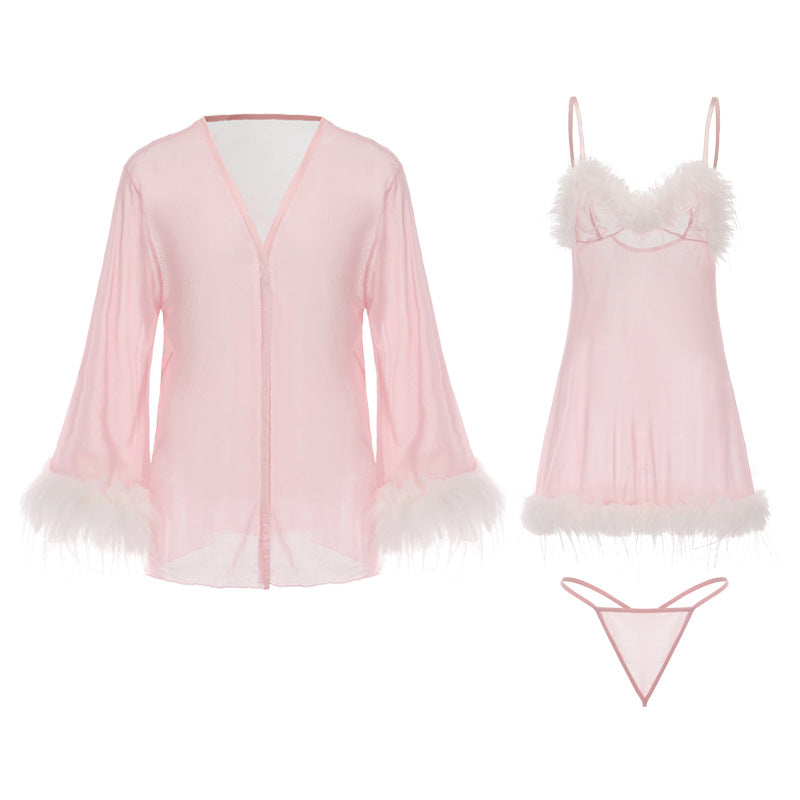 Womens Sexy 3 Piece Fuzzy Lingerie Set Transparent Tulle Nightshirt With Robe and G-String - Seldom Seen Styles