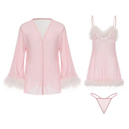 Womens Sexy 3 Piece Fuzzy Lingerie Set Transparent Tulle Nightshirt With Robe and G-String - Seldom Seen Styles