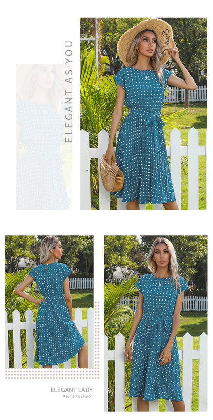 Polka Dot Dress for Women Casual Summer Midi Dress Crew Neck Short Sleeve