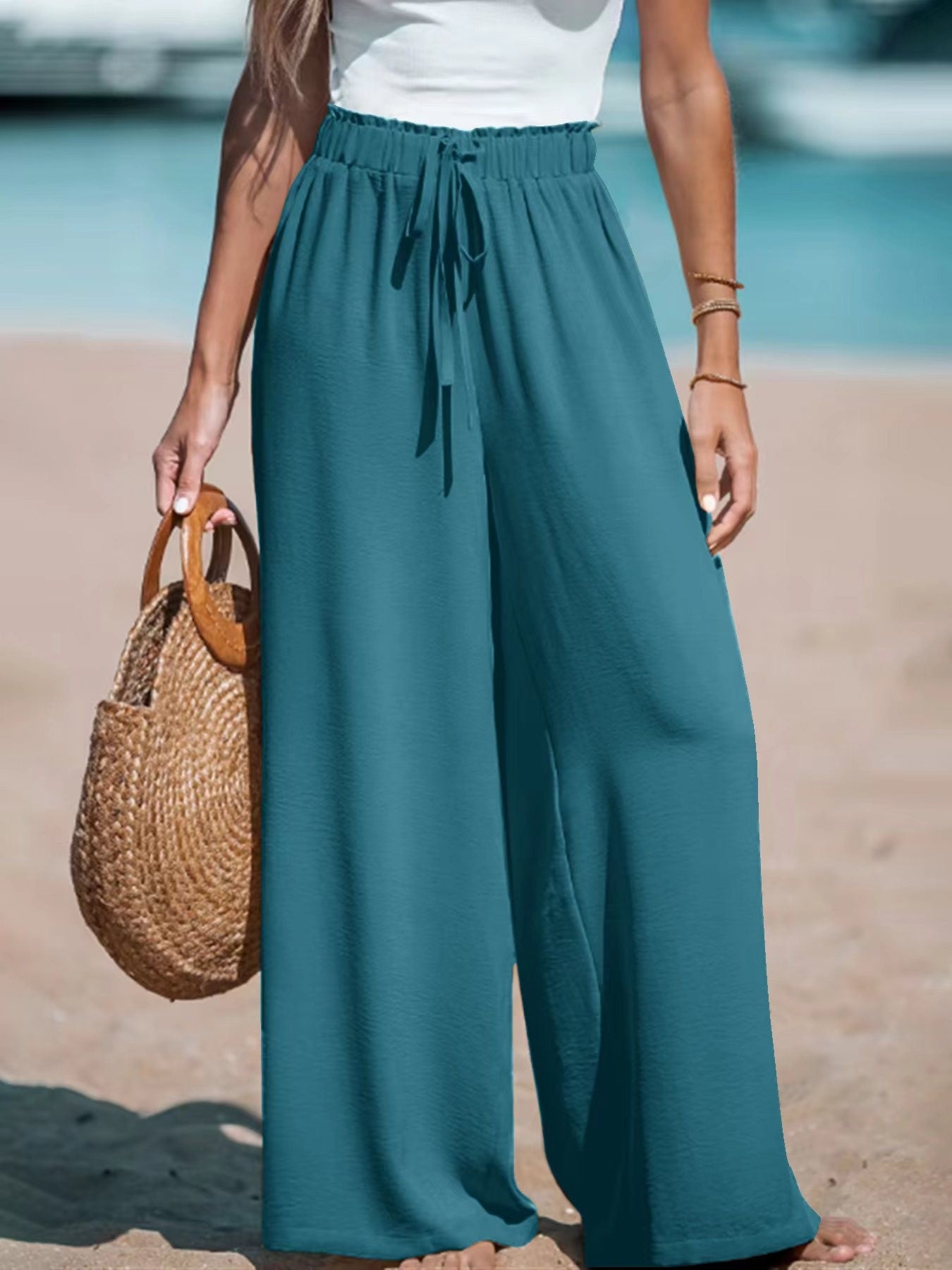 Women Wide Leg Pants High Waisted Trousers Linen Palazzo Lounge Beach Cover Ups Flowy Pants - Seldom Seen Styles