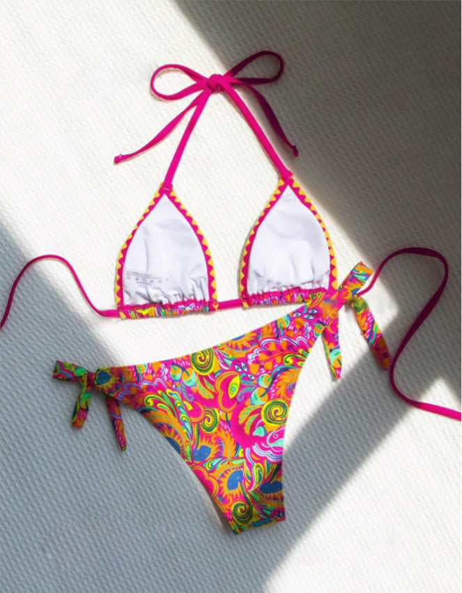 Women's Bikini Sets 2 Piece Halter Triangle Allover Print Swimsuit Set Boho Knot Side Bathing Suit Set