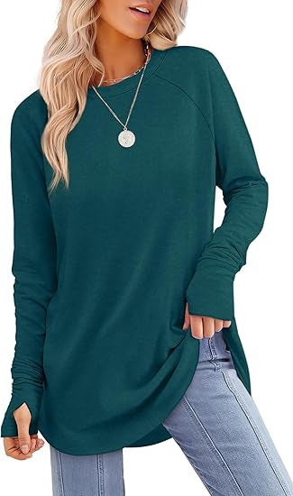 Womens Tunic Tops to Wear with Leggings Long Sleeve Thumb Hole Shirts Crew Neck Curved Hem - Seldom Seen Styles