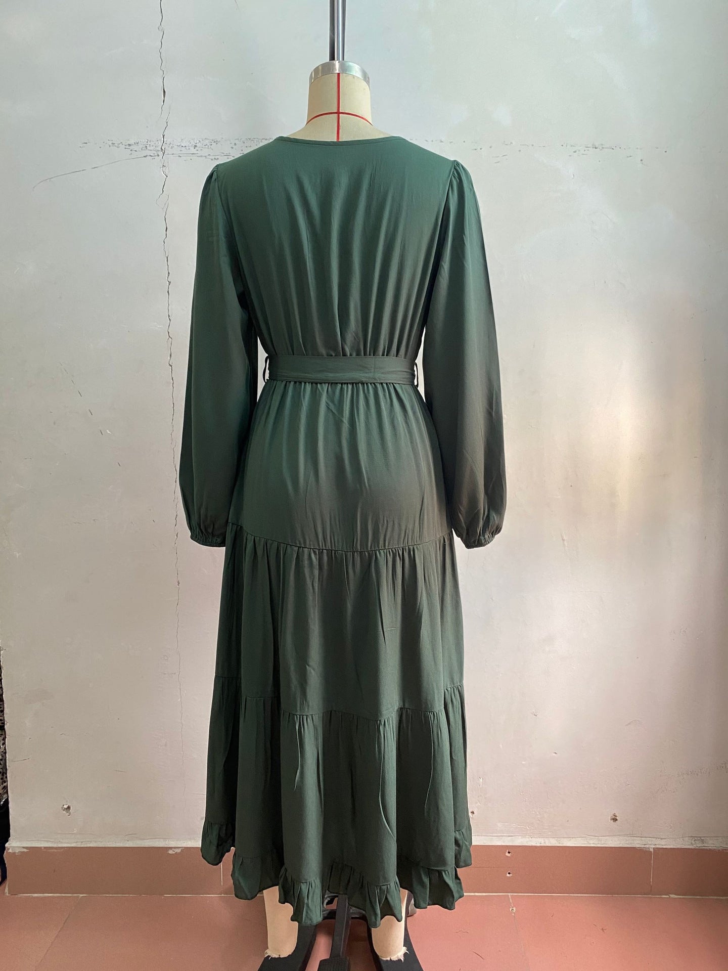 Women's Spring Dresses 2025 Long Sleeve V Neck Button Down Belted A-Line Flowy Ruffle Maxi Shirt Dress Pockets