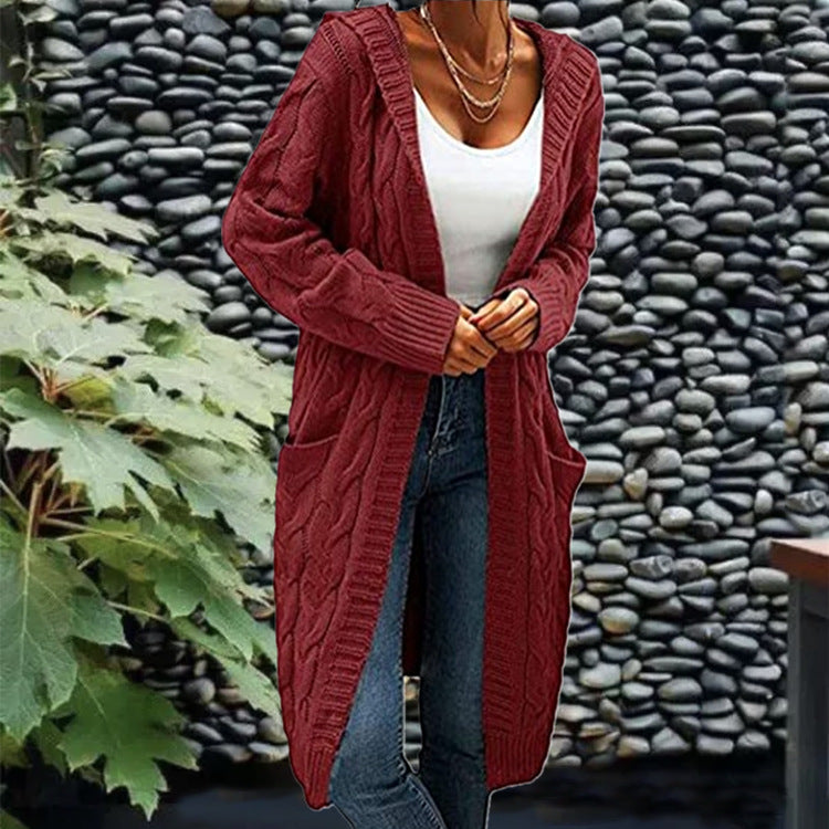 Women's Pocket Drop Shoulder Cardigan, Hooded Long Sleeve Warm Top, Casual Textured Knit Open Front Cable Outwear, Sweaters for Women - Seldom Seen Styles
