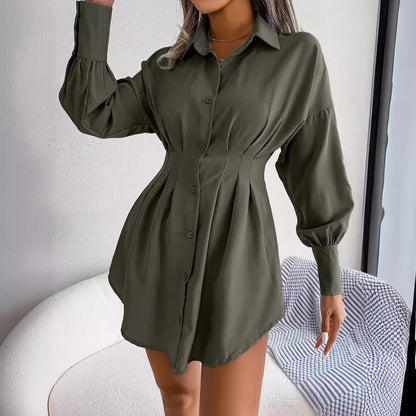 Women's Button Down Shirt Dress, Long Sleeve, Pleated Waist, Multiple Color Options Available - Seldom Seen Styles