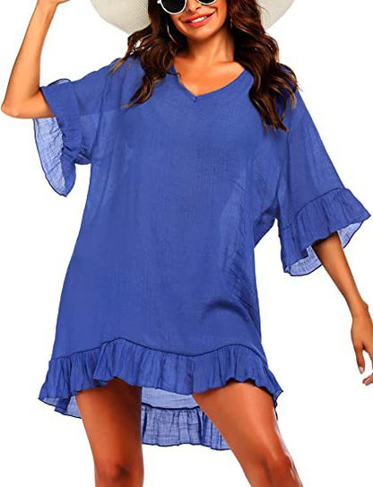 Womens Swimsuit Coverup V Neck Bathing Suit Beach Dress Sexy Ruffle Sleeves Bikini Cover Up Loose Top - Seldom Seen Styles