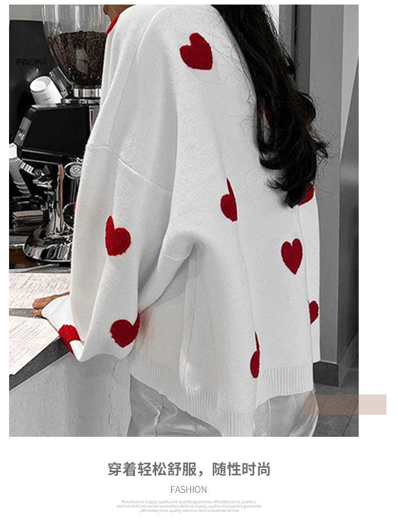 Women's Spring Heart Print Long Sleeve Crewneck Knitting Jumper, Comfort Round Neck Sweater for Daily Streetwear, Tiktop Shop, Lady's Top for Spring - Seldom Seen Styles