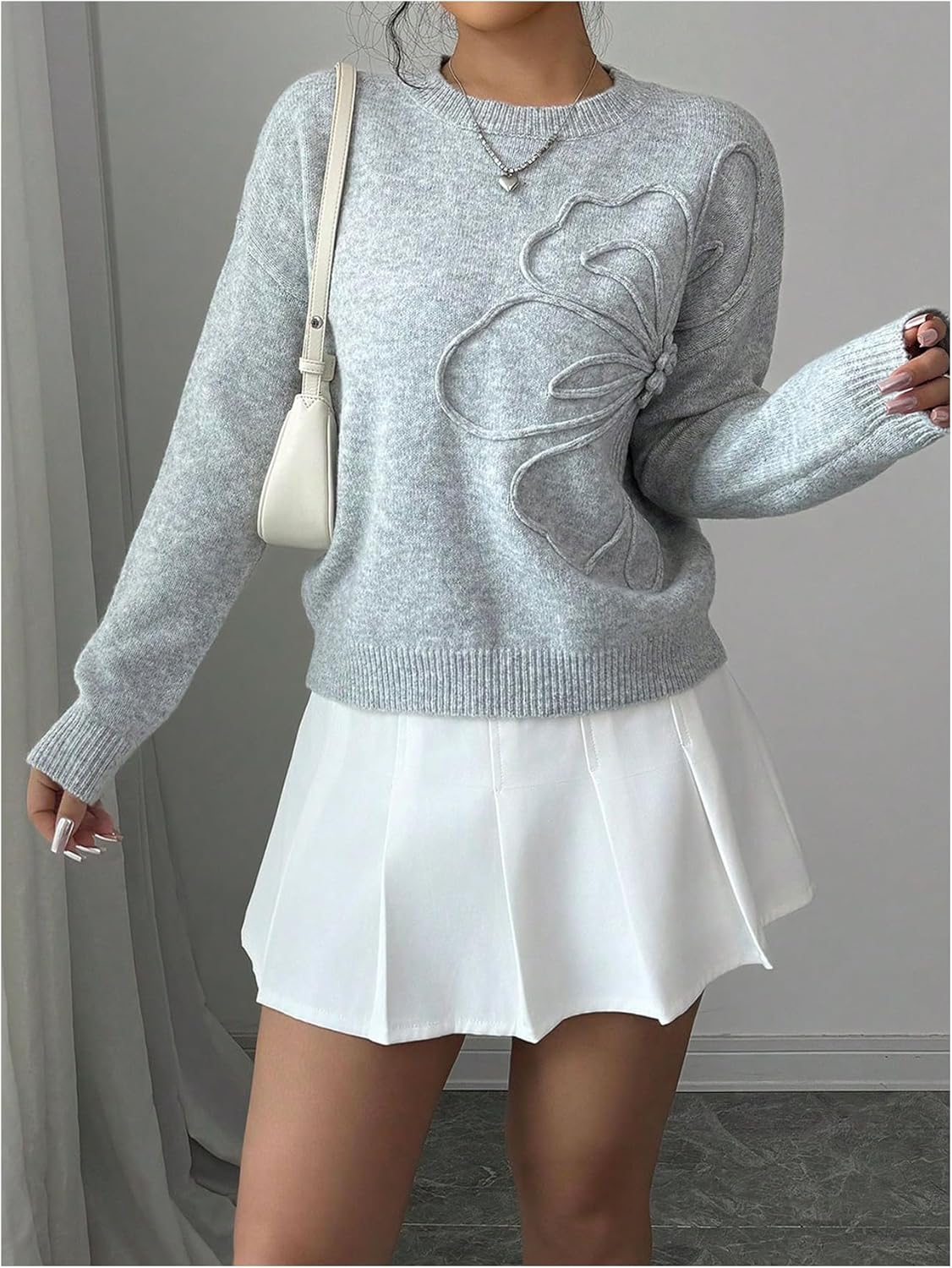 Women's 3D Floral Appliques Crewneck Sweaters Long Sleeve Drop Shoulder Pullovers Elegant Knit Tops - Seldom Seen Styles