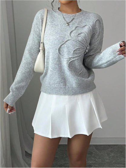 Women's 3D Floral Appliques Crewneck Sweaters Long Sleeve Drop Shoulder Pullovers Elegant Knit Tops