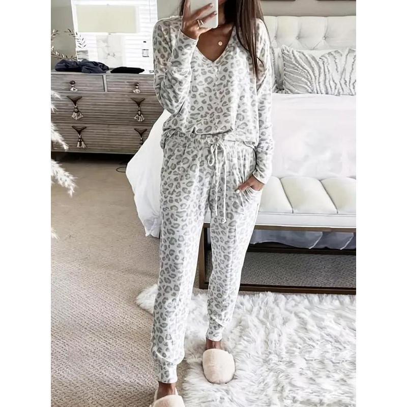 Two-piece Set Women's Leopard Print Drop Shoulder Top & Drawstring Pants Pyjama Set, Soft Casual Comfortable Long Sleeve Top & Pocket Trousers Pj Set, Women's Sleepwear for Spring & Fall, Glam Lounge Wear, Loungesetwomen, Pajamas, Womenswea Fit Loungewear - Seldom Seen Styles