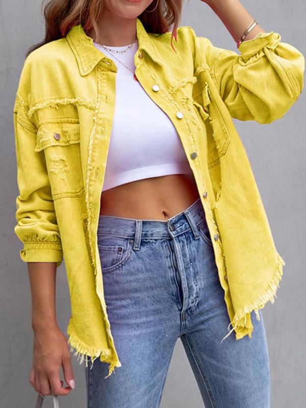 Women's Plain Ripped Raw Hem Button Front Drop Shoulder Coat, Casual Chic Pocket Long Sleeve Collared Outerwear for Daily Wear, Jackets - Seldom Seen Styles