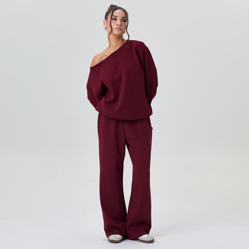 Women's Leisure Solid Color Sloping Shoulder Long Sleeve Top & Wide Leg Trousers Co-ord, Cozy Scoop Neck Loose Two Piece Outfits, Basic Womenswear - Seldom Seen Styles