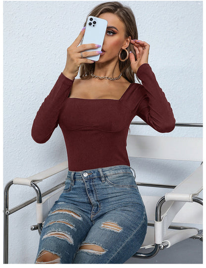 Women's Long Sleeve Bodysuit Shapewear Top Square Neck Bodysuit Halloween One Piece Basic Backless