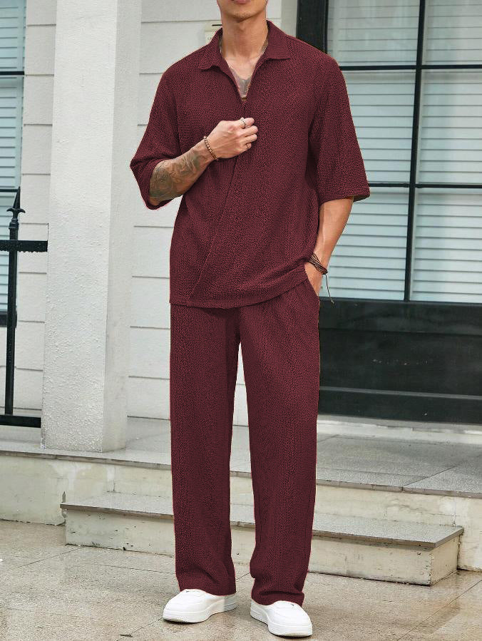 2025Spring New Commuter Suit Shirt Solid Color Short Sleeve Long Pants Men's Two-Piece Casual Set