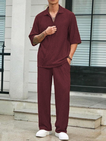 2025Spring New Commuter Suit Shirt Solid Color Short Sleeve Long Pants Men's Two-Piece Casual Set