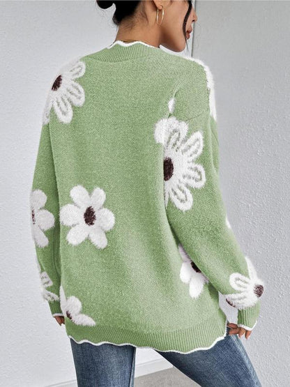 Women's Floral Pattern Scallop Trim Drop Shoulder Sweater, Casual Long Sleeve V Neck Jumper for Fall & Winter, Fashion Ladies' Knitwear for Daily Wear - Seldom Seen Styles