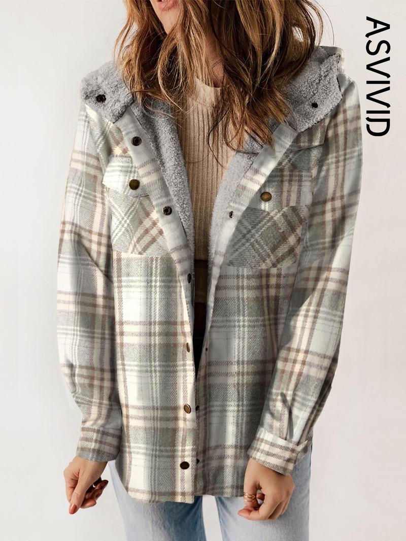 Women's Plaid / Houndstooth Print Button Front Hooded Coat, Casual Long Sleeve Pocket Coat for Fall & Winter, Ladies Outerwear for Daily Wear - Seldom Seen Styles