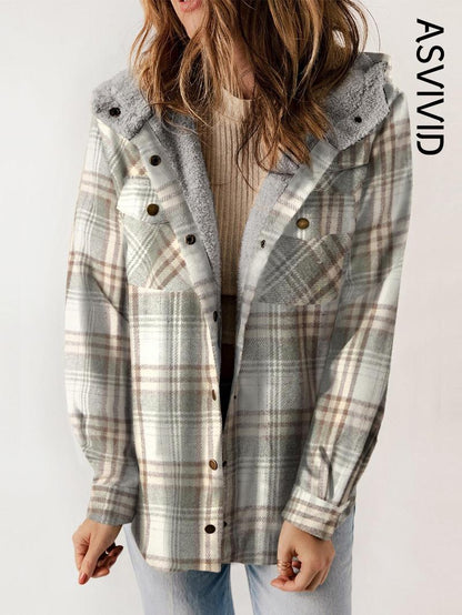 Women's Plaid / Houndstooth Print Button Front Hooded Coat, Casual Long Sleeve Pocket Coat for Fall & Winter, Ladies Outerwear for Daily Wear - Seldom Seen Styles