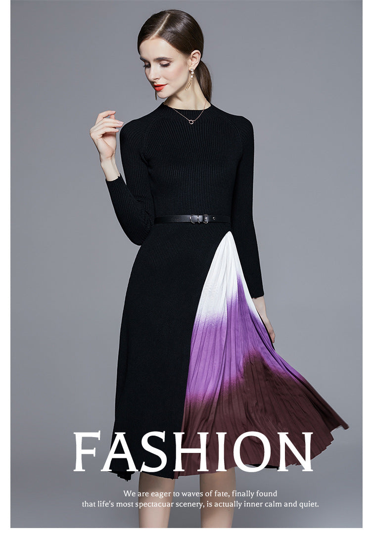 Reese Gradient Patchwork Pleated Midi Dress  Knitted Patchwork Gradient Color Pleated Slim Waist Large Swing Long Dress