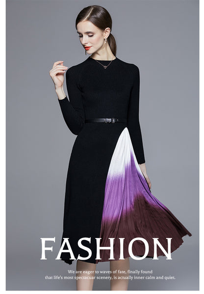 Reese Gradient Patchwork Pleated Midi Dress  Knitted Patchwork Gradient Color Pleated Slim Waist Large Swing Long Dress
