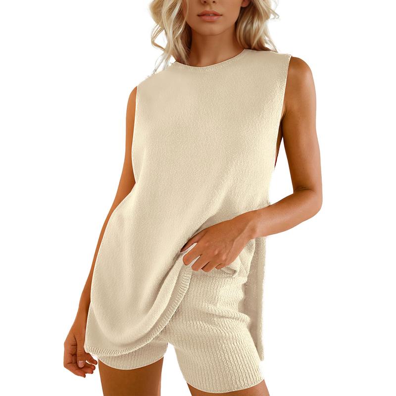 Women's 2 Piece Outfits Summer Knit Sweater Set Sleeveless Tunic Top Matching Shorts Trendy Beach Vacation Sets Loungesetwomen Suits Clothes Womenswear  Basic Beige - Seldom Seen Styles