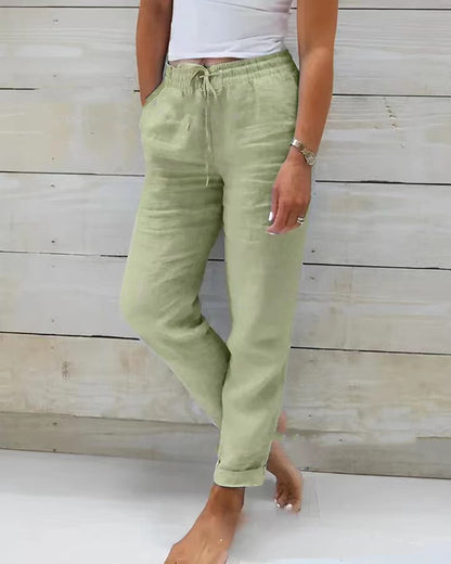 Womens Tapered Pants Cotton Linen Drawstring Back Elastic Waist Pants Casual Trousers with Pockets - Seldom Seen Styles