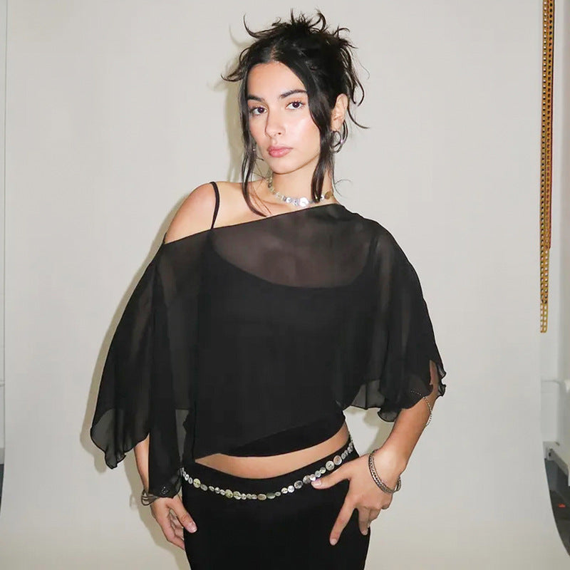 Women's Solid Color Sheer Mesh Crop Top ＆ Cami Top, Fashion Casual Camisole for Daily Outdoor Wear, Ladies Clothes for Summer - Seldom Seen Styles