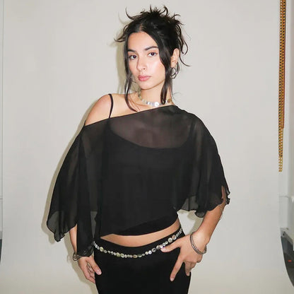 Women's Solid Color Sheer Mesh Crop Top ＆ Cami Top, Fashion Casual Camisole for Daily Outdoor Wear, Ladies Clothes for Summer - Seldom Seen Styles