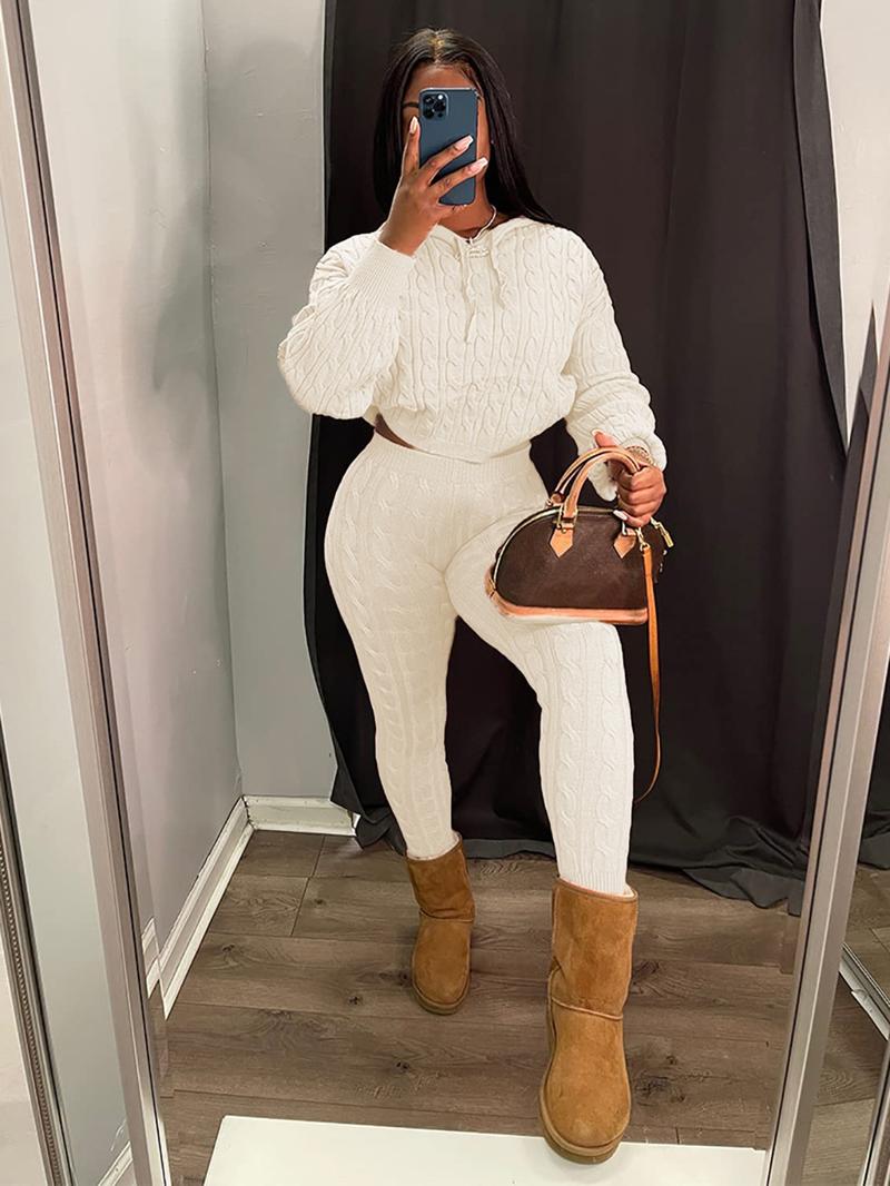 Women's Minimalist Textured Long Sleeve Crop Hooded Sweater & High Waist Skinny Pants Set, Casual Cozy Lady Knitwear Outfits Suits, Basic Womenswear - Seldom Seen Styles