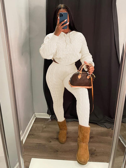 Women's Minimalist Textured Long Sleeve Crop Hooded Sweater & High Waist Skinny Pants Set, Casual Cozy Lady Knitwear Outfits Suits, Basic Womenswear - Seldom Seen Styles