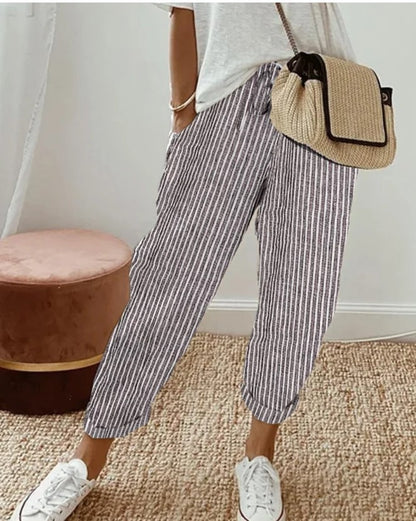 Women's Casual Vertical Striped High Elastic Waist Wide Leg Capri Palazzo Pants with Pockets - Seldom Seen Styles