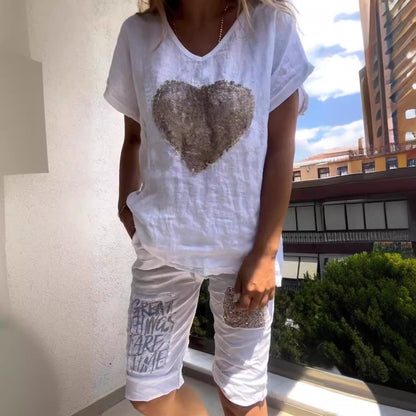 Linen Outfits Women 2 Piece Heart Sequins V-Neck Short Sleeve Top Loose Knee Length Pants 2025 Casual Set - Seldom Seen Styles