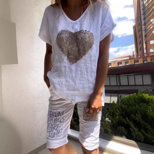 Linen Outfits Women 2 Piece Heart Sequins V-Neck Short Sleeve Top Loose Knee Length Pants 2025 Casual Set - Seldom Seen Styles