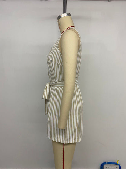 Women's Romper Woven V Neck Sleeveless Waist Tie Wide Leg Stripes Belted Jumpsuit Outfit Casual Dressy