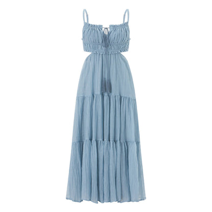 Summer Women Flowy Long Dress Spaghetti Strap Cut Out Backless Ruffle A-Line Dress Bohemian Party Holiday Casual Sundress