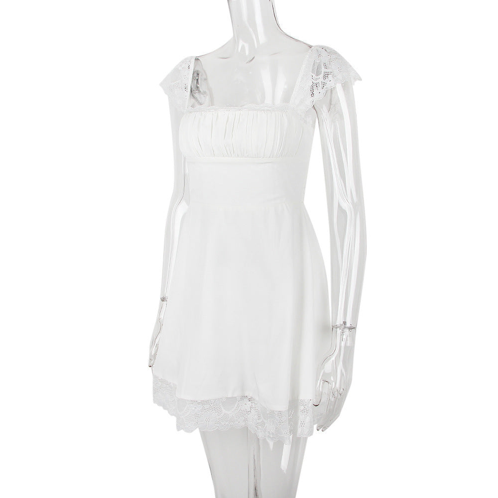 Lace Hem Square Collar Corset Pleated Mini Dress White