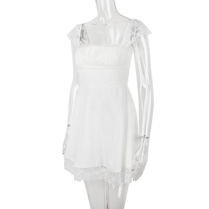 Lace Hem Square Collar Corset Pleated Mini Dress White