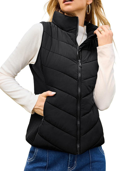 Puffer Vest Women Sleeveless Zip Up Outerwear Stand Collar Quilted Vest Warm Winter Jackets Coats with Pocket