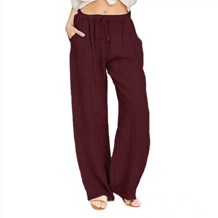 Women's Summer Drawstring Waist Wide Leg Loose Cotton Linen Palazzo Pants - Seldom Seen Styles