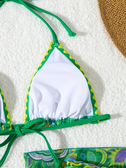 Women's Bikini Sets 2 Piece Halter Triangle Allover Print Swimsuit Set Boho Knot Side Bathing Suit Set