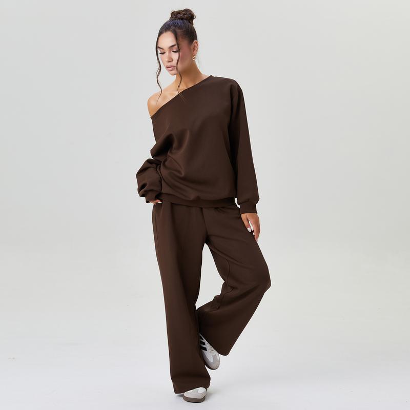 Women's Leisure Solid Color Sloping Shoulder Long Sleeve Top & Wide Leg Trousers Co-ord, Cozy Scoop Neck Loose Two Piece Outfits, Basic Womenswear - Seldom Seen Styles