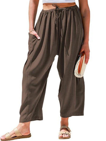 Womens Wide Leg Pants Casual Loose Drawstring Flowy Summer Beach Palazzo Harem Pants with Pockets - Seldom Seen Styles