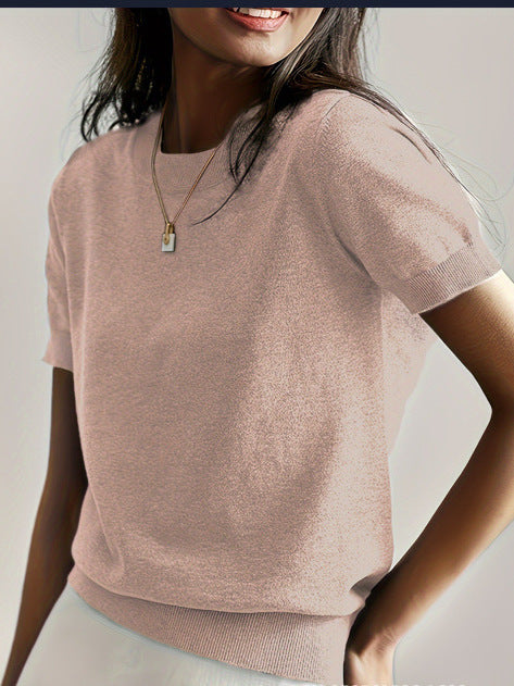 Women's Solid Color Crew Neck Short Sleeve Sweater, Chic Casual Basic Knit Pullover for Spring & Fall, Fashion Women's Knitwear for Daily Wear, Womenswear - Seldom Seen Styles